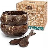 Jungle Culture® Kokosnuss Schalen Set mit Holzlöffeln & Strohhalm • Gemustertes Kokosschalen Schüssel Set • Natürlich Vegan Plastikfreie Alternative • Handgefertigt mit Kokosöl Poliert • Coconut Bowls