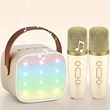 Karaoke Maschine mit 2 Drahtlosen Mikrofonen, Wowstar Tragbares Bluetooth Karaoke Maschine für Kinder Erwachsene mit Stimme wechselnde Effekte & LED-Lichter Jungen Mädchen Geschenke Heimparty(Beige)