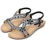 RJDJTTBD Flache Sandalen mit Blumen-Strasssteinen für Damen, Kleid, Strandschuhe, Flache Sommer-Böhmische, offene Zehen, elastische Knöchelriemen, Slip-on-Sandale