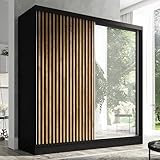 A&J MöbelLand Schwebetürenschrank LINA Kleiderschrank 200 cm mit Spiegel, 3 Schubladen & 3D-Lamellen (Schwarz)