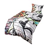 G BETTWARENSHOP Renforcé Bettwäsche Set Graffiti • mega Coole Bunte Jugendzimmer Bettwäsche NYC Street Art Design in 100% Baumwolle mit Reißverschluss • 135x200 cm + 80x80 cm