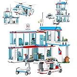 VizBrou 3-in-1 Stadt Krankenhaus Bausteine Bausatz, Medizinische Rettung Szene Baukasten mit Hubschrauber Modell Spielzeug, Tisch Anzeige Deko mit Anhänger & Trage Konstruktion, 687 Teile