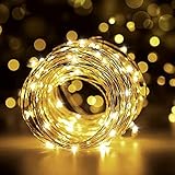 12M Draht Micro Lichterkette, 120 LED Lichterkette Wasserdicht mit Schalter, USB Aufladbare Sternen Lichterkette Außen und Innen Warmweiß für Weihnachten, Zimmer, Party, Hochzeit, DIY