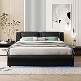 Crlnaup Polsterbett 140 * 200cm Kunstlederbett mit LED-Lichtbettgestell mit Lattenrosten Schwarz