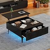 Merax Höhenverstellbarer Couchtisch mit LED,Schwarz Hochglanz Couchtisch, Multifunktional, Schreibtisch mit Push-Pull-Schubladen, 70x70x35 cm