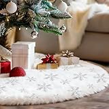 Weihnachtsbaum Decke Weißer, 90CM Christbaumdecke Rund, Plüsch Tannenbaum Decke, Weihnachtsbaumdecke Teppich Unterlage, Christbaum Decke für Christbaumschmuck Weihnachtsdeko (Silber Schneeflocke)