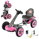 COSTWAY 12V Kinder Elektro Gokart mit LED Lichter, Go Kart mit 2-Fach verstellbarem Lenkrad & Sitz, Tretauto mit Getränkehalter, EIN-Knopf-Start, für Kinder ab 2 Jahre alt (Rosa)