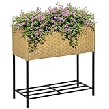 Outsunny Poly Rattan Hochbeet Blumenkasten mit Füßen Rattan Blumenkasten Blumentopf mit Ablage Sand 70 x 30 x 72 cm