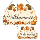 GluckGeschenk Herbstdeko tür Herzlich Willkommen Schild aus Holz, Beidseitig mit „Willkommen“ & „Hallo Herbst“, Erntedankfest Herbst Dekoration Herbstdeko zum Basteln Deko für Eingang, Balkon, Garten