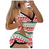 QJDFLL Damen Shorts mit Weihnachtsdruck, 2 teiliges Set, Nachtwäsche, Spitze, rückenfreier Besatz, Dessous, Hotpants Anzug(Light Grün,S)