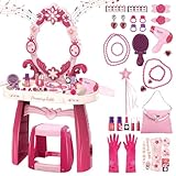 deAO Schminktisch Frisiertisch für Mädchen mit Hocker, Musik & Licht, Princess Schönheitsstudio Frisiersalon Kinderschminke Set, mit Styling-Zubehör Friseur Set für Kinder ab 3 Jahren | Rosa