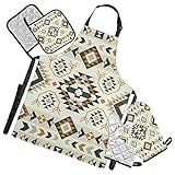 Kochschürze, wärmeisoliert, mit Topflappen, Ofenhandschuhe, Schutzmatte zum Grillen, Backen, ethnisches Tribal-Design, 5-teiliges Set