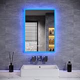 ELEGANT Hintergrundbeleuchteter Bluetooth-Badezimmerspiegel mit Rasiersteckdose, 500 x 700 mm, beleuchteter Wandmontierter Badezimmer-Schminkspiegel mit LED-Leuchten und Demister-Pad, blaues