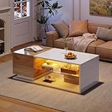 Aunvla LED Couchtisch, Hochglanz Couchtisch, Wohnzimmertischmit Beleuchtungund LED-Lichtleiste, Kaffeetisch mit Stauraum,105x50x36cm