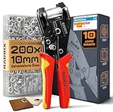 BAURIX® Ösenzange für Planen inkl 200 rostfreie Ösen (Ø 10mm) für PVC, Stoff, Leder – Ohne Vorstanzen – Hält Ösen magnetisch – Karbonstahl-Werkzeug – ideal für Schneider, Heimwerker & Bastler – TALOS
