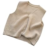 Weste Damen,Feinstrick-Pullover Für Damen, Schlicht, Ärmellos, Weste, V-Ausschnitt, Strickpullover, Westen, Geknöpfte Strickjacke, Jacke, Tank-Top, Bequeme Strickmode, Herbst-Winter, Beige, M