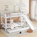 Merax Etagenbett Kinderbett 90x200cm, Hochbett mit Kinderrutsche, Große Schubladen, Rausfallschutz, Platzsparendes Stockbett Baumhausbett mit Lattenrost, Exquisites Dach und Fenster, Jugendbett, Weiß