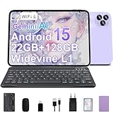 GOODTEL Android 15 Tablet 10.1 Zoll 22 GB RAM + 128 GB ROM (2 TB TF), Octa-Core, WLAN 5G, Gemini AI,2 GHz, GMS, Widevine L1, 8 MP + 5 MP, Typ C, OTG, Cast, Tablet-PC mit Hülle, Tastatur und Maus– Lila