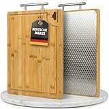 WOHLWOLKE Doppelseitiges Schneidebrett Edelstahl & Bambus | Küchenbrett mit Saftrille & Metallgriff | Holzbrett Küche antibakteriell | Bambus Schneidebrett groß | Tranchierbrett 40x30x2cm