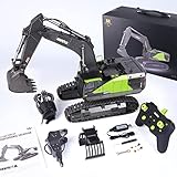 Ferngesteuerter Bagger Ferngesteuert, 1:14 RC Bagger Metall Ferngesteuert mit Voller Funktion, 22 Kanal Raupenbagger mit Fernsteuerung, Metallschaufel und Ladegerät+2. Akku+3 Aufsätze Huina 1593