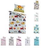 Kinder Baby Bettwäsche Set für Mädchen und Jungen | 100x135 cm + 40x60 cm | 100% Polyester Mikrofaser | Reißverschluss | Baustelle – Bagger und Autos | blau