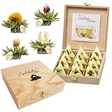 Creano Teelini Teeblumen im Tassenformat, Geschenkset in Teekiste aus Holz, 12 ErblühTeelini in 4 Sorten, Weißer Tee, Geschenk für Frauen, Mutter, Teeliebhaber