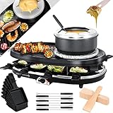 KESSER® 3in1 Raclette-Grill mit Naturgrillstein, Grillplatte und Fondue, Tischgrill für 8 Personen, Elektrogrill Raclette Grill antihaftbeschichteter Grillplatte, 8 Pfannen und Holzspatel