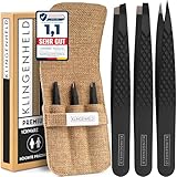 KLINGENHELD® Profi Pinzetten-Set mit ComfortGrip-Spitzen & Anti-Rutsch Griff - Maximaler Halt & höchste Präzision - inkl. Baumwoll-Etui 100% plastikfrei & nachhaltig - Pinzette Augenbrauen zupfen