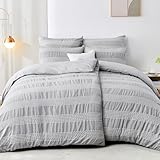 Qucover Seersucker Bettwäsche 135x200 4teilig Grau Weiß Gestreift, Mikrofaser Bettwäsche-Sets, 2 Bettbezügen 135x200cm + 2 Kissenbezüge 80X80cm, Bügelfreie Bettwäsche mit Reißverschluss