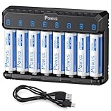 POWXS Akku Ladegerät mit 8 AA 2800mAh Akkus wiederaufladbar Batterien, 8 Fach Batterieladegerät für NiMH AA und AAA Accu & Batterie mit Typ C Kable