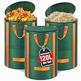 3x Gartenabfallsack stabil 120L - Selbststehend Gartensack Laubsack mit Deckel, Wiederverwendbar Grünschnittsack Laubsammler Korrosionsbeständig für Gartenabfälle und Grünschnitt