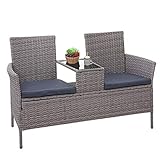 Mendler Poly-Rattan Sitzbank mit Tisch HWC-E24, Gartenbank Sitzgruppe Gartensofa, 132cm - grau, Kissen dunkelgrau