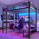 TOBIDOEN Hochbett 140x200 cm Eisenrahmenbett mit L-förmigem Tisch und Leiter, Metallbett LE/D Einzelbett mit US/B Funktion, Viel Stauraum mit Mehrere Ablagen und Lochbrett, Schwarz, Ohne Matratze