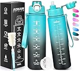 AOHAN Trinkflasche Sport 1l, Wasserflasche Tritan BPA-Frei, Auslaufsicher Trinkflasche mit Strohhalm, Sportflasche mit Filter und Zeitmarkierung für Fitness Radfahren Schule Büro und Outdoor