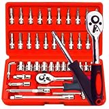 Retoo Steckschlüsselsatz Satz Steckschlüssel, 46 teilig Mechanik Werkzeugsatz, Nüsse, Größen, Nuss Set Ratschenkasten Knarrenkasten und Bitsatz für die Reparatur zu Hause und DIY, Universal, Rot