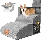 Hundetreppe für Kleine Hunde, HEVOL 2 Stufen Hunderampe, Erweiterte Hundetreppe, Tragbare Haustiertreppe mit Waschbarer Bezug, Abnehmbar Katzentreppe für Sofa Bett