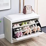 Schuhschrank aus Holz mit verstecktem Schuhregal für den Eingangsbereich, moderne Schuhaufbewahrungsbank mit Ledersitz – Premium Flur Schuh-Organizer