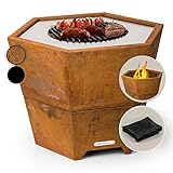 Blumfeldt Feuerschale mit Grillrost, Outdoor-Stahl-Feuerschale groß für Balkon & Camping, mobile 60 cm Sechseckige Feuerstelle mit Standfuß, witterfest