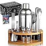 Leseed 12 Teiliges Cocktail Shaker Set, 750ml Edelstahl Cocktail Set mit Bambusständer & Rezeptbuch, Coktailshakerset, Geschenk für Männer, Frauen (Hausbar, Party, Hochzeit)