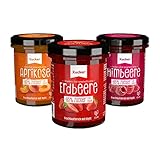 Xucker Marmelade Fruchtaufstrich-Kombi, 3 Sorten Erdbeere, Aprikose & Himbeere (74 % Frucht), 3 x 220 g - Xylit, ohne Gentechnik, vegan, zuckerarm