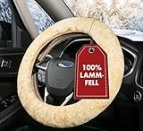 Walser Lammfell Lenkradbezug Auto, 100% Lenkradschutz, Lenkrad Bezug, Winter Zubehör, Wärmer, Beige, 37-39 cm Durchmesser