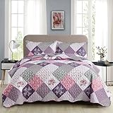 WONGS BEDDING Tagesdecke 220x240 Patchwork Bettüberwurf Gesteppt Bedspreads Blumen Muster Steppdecke Mikrofaser kariertem Tagesdecke mit 2 Kissenbezug 50x75 (Rosa Lila)
