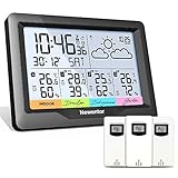 Newentor Wetterstation Funk mit 3 Außensensor Innen und Außen Thermometer Hygrometer DCF-Funkuhr Multifunktionale Funkwetterstation mit Wettervorhersage