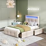 Rtopsu Polsterbett Einzelbett 90x200 cm mit LED-Leuchten Kopfteil, Kinderbett Jugendbett mit 2 Stauraum Schubladen, Bett Bettgestell mit Lattenrost aus Holz, Leinen, Beige, Ohne Matratze