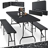 KESSER® Bierzeltgarnitur 3-teilig Set Tisch + 2X Bank, für drinnen - draußen klappbar Tragegriffe, HxBxT: 73x180x75 cm, Kunststoff, Rattan-Look Gartengarnitur, Klapptisch, Gartentisch, Schwarz