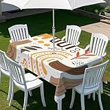 Odot Regenschirm Tischdecke Outdoor, Außenbereich Wasserdicht Rechteckige Tischtuch mit Sonnenschirm Loch und Reißverschluss für Terrasse, Garten, Party,3D-Kunststil (Braun,213x152cm)