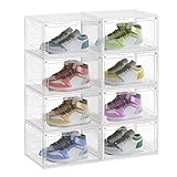 SONGMICS Schuhboxen 8er Set, Schuh-Organizer durchsichtig, aus Kunststoff, mit Tür, stapelbar, 33 x 28,5 x 19,2 cm, für Schuhe bis Größe 46, transparentes Weiß LSP508W01