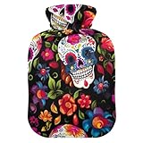 Wärmflasche mit weichem Bezug, Hand- und Fußwärmer, bunte Totenköpfe, Blumen, Wärmbeutel für Fußbett, Wärmer zur Schmerzlinderung, klein