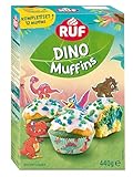 RUF Dino Muffins Komplettset Backmischung für dreifarbige Muffins mit Zuckerglasur, bunten Dino-Streuseln und Motiv-Pickern, lustiger Backspaß mit Kindern, ideal für Geburtstage, inkl. Förmchen