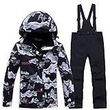 LSHDCER Kinder Mädchen 2 Stück Schneeanzug Jungen Skianzug Skijacke Snowboardhose Wasserdicht Winddicht Winter Outdoor Outfit, 4 Oberteile + schwarze Hose, 140